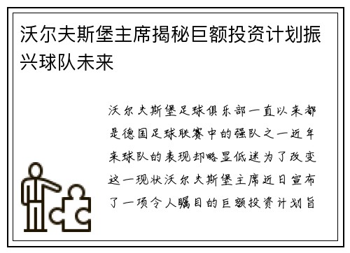 沃尔夫斯堡主席揭秘巨额投资计划振兴球队未来